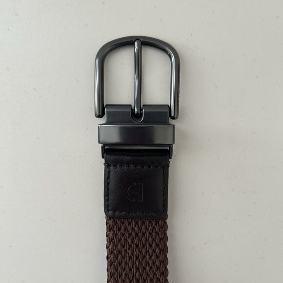 Cole Haan Reversible Belt Stretch Fabric Woven Mens Sz 42-44 XL Navy Blue Brown - Picture 4 of 10